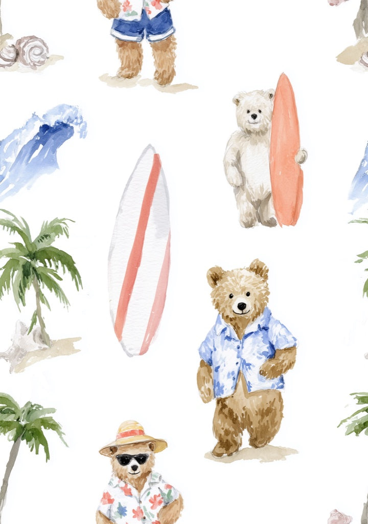 Playful Beach Bear Kids Wallpaper pattern artwork