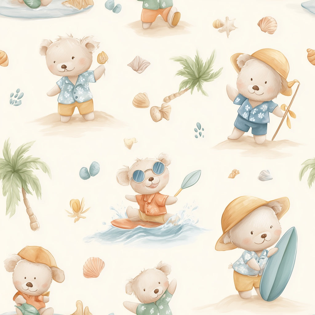 Cream Beach Adventure Bear Kids Wallpaper pattern artwork