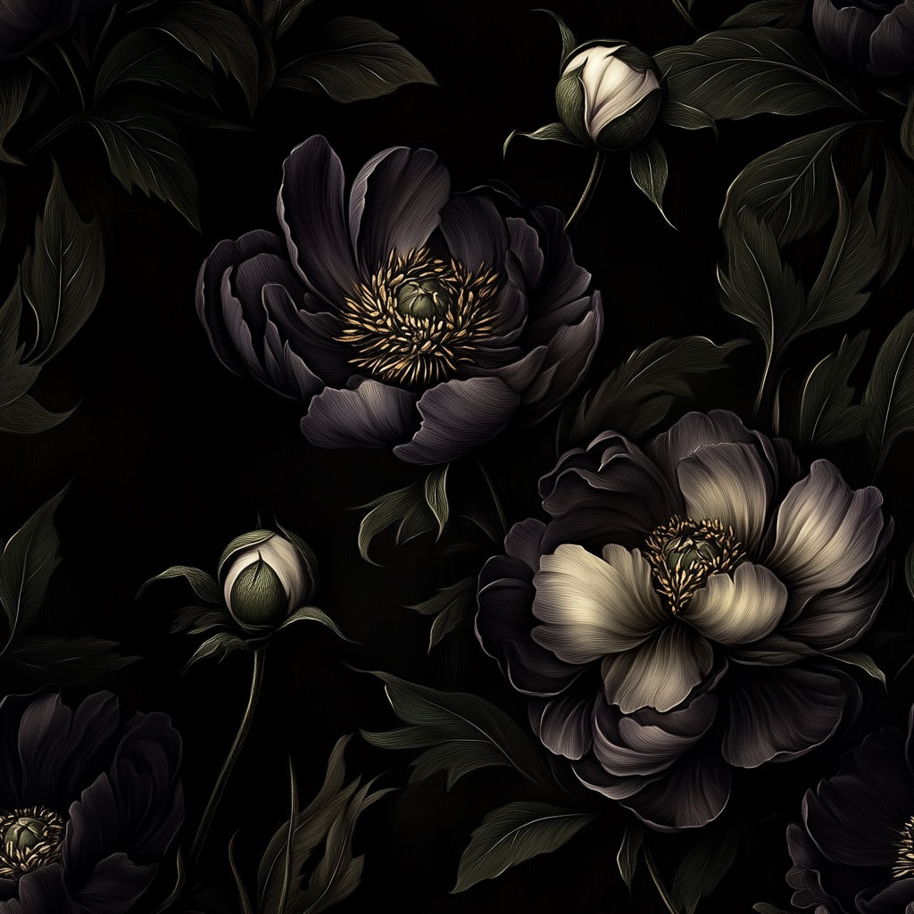 Charcoal Black Large Peony Floral Wallpaper pattern artwork