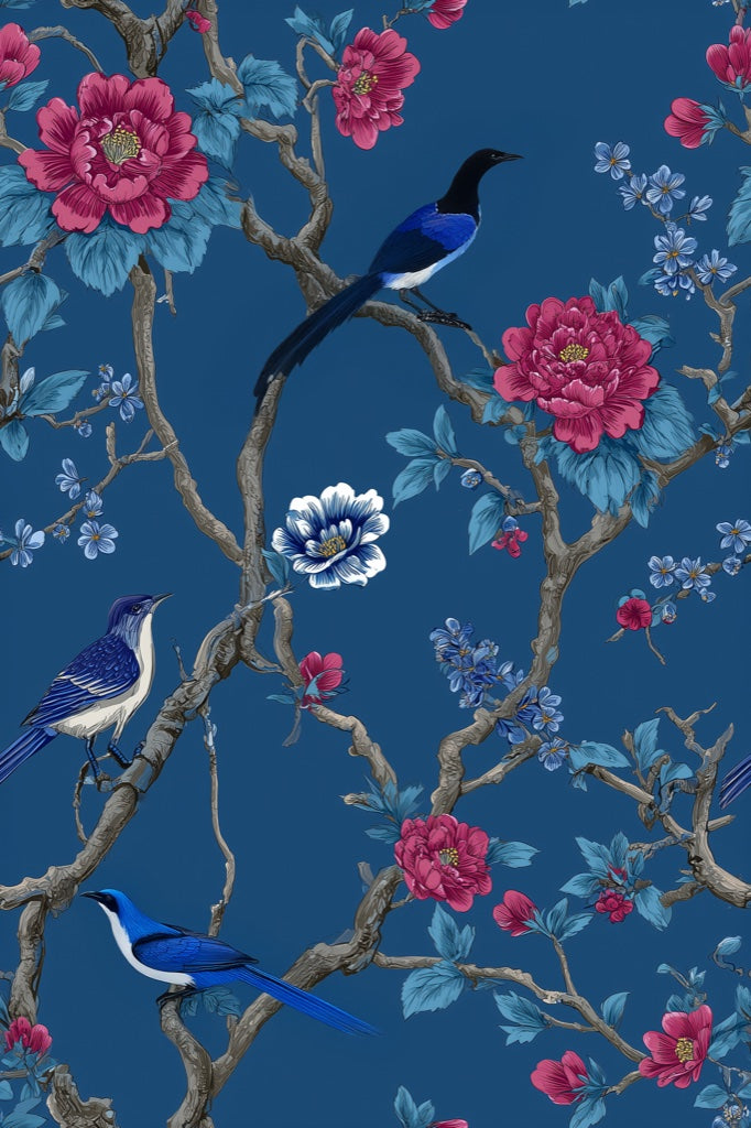 Deep Blue Floral and Bird Design Wallpaper pattern artwork