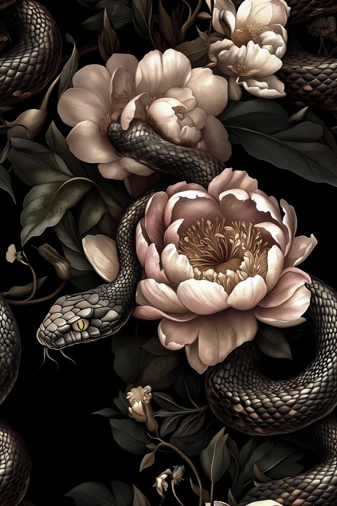 Dark Elegance Peony and Snake Pattern Wallpaper pattern artwork
