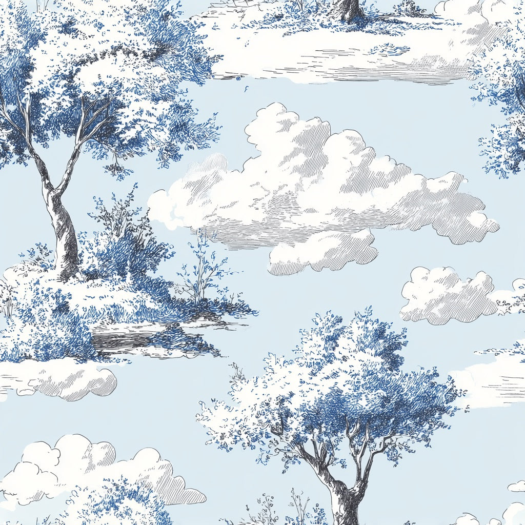 Sky Blue Tree and Cloud Scenic Wallpaper pattern artwork