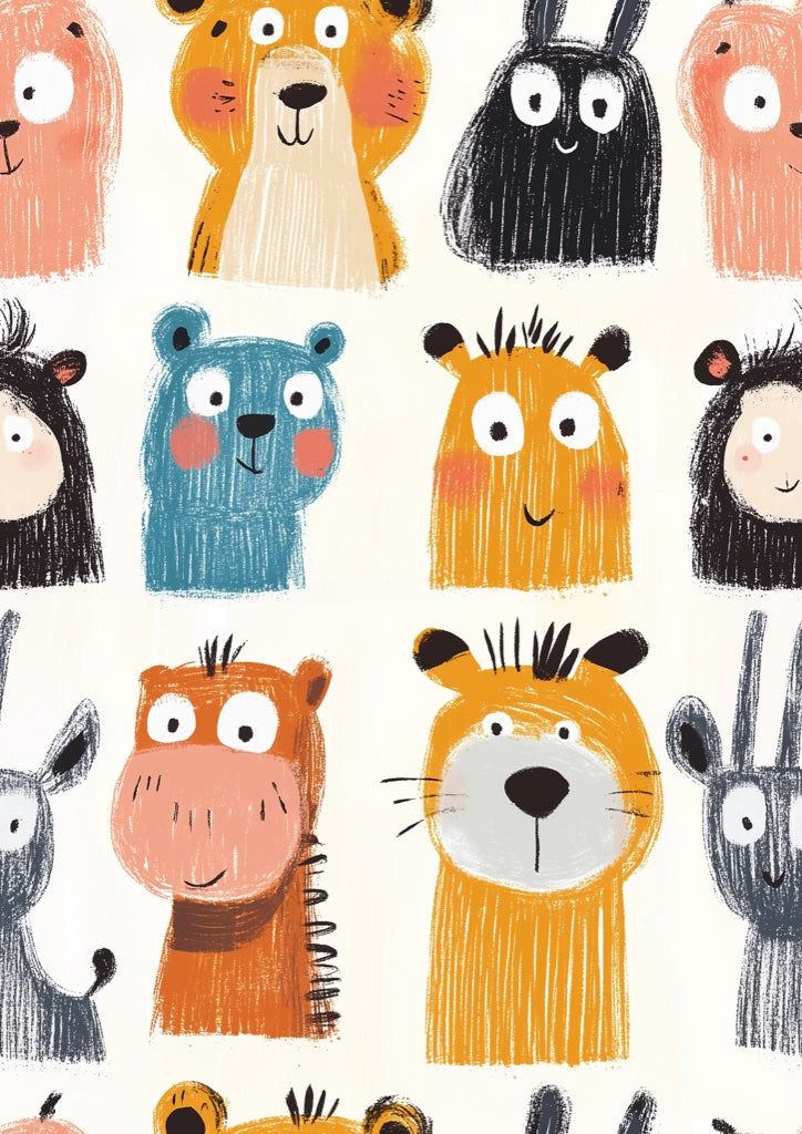 Cream Multicolor Jungle Animals Kids Wallpaper pattern artwork