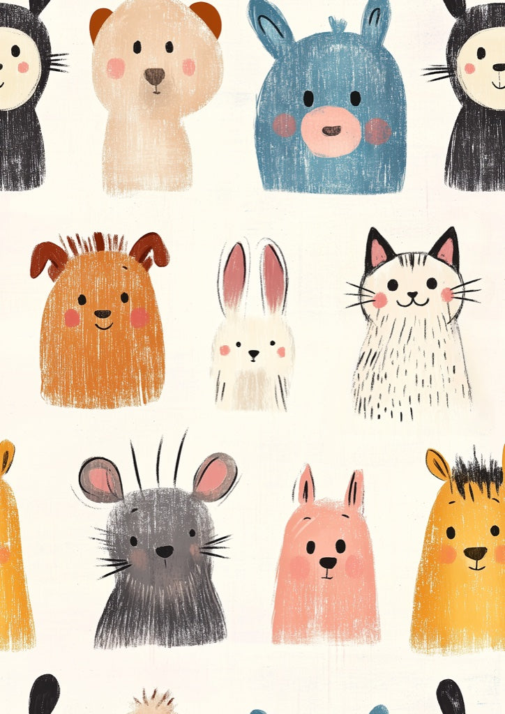 Playful Multicolor Animal Faces Kids Wallpaper pattern artwork