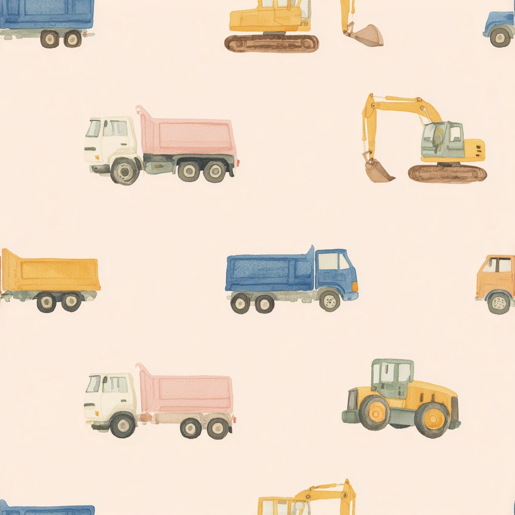 Cream Playful Construction Vehicles Kids Wallpaper pattern artwork
