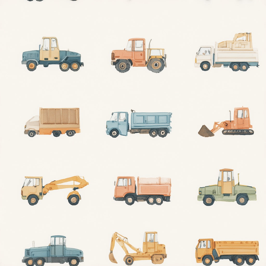 Cream Multicolor Construction Vehicles Kids Wallpaper pattern artwork