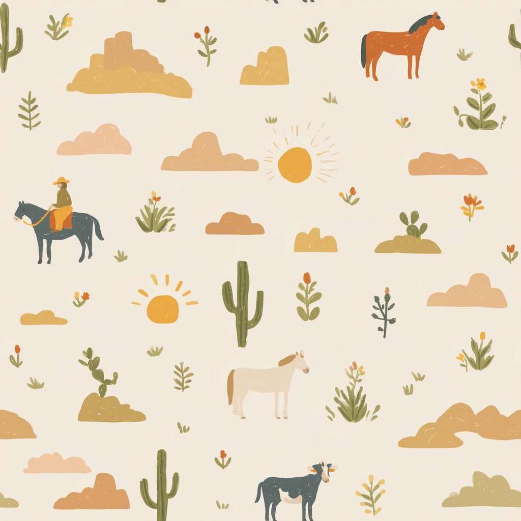 Cream Desert Cowboy Kids Pattern Wallpaper pattern artwork
