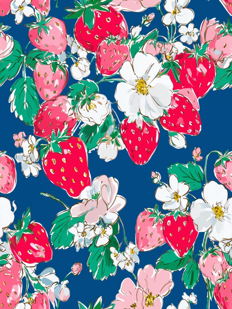 Vibrant Blue Strawberry and Floral Wallpaper pattern artwork