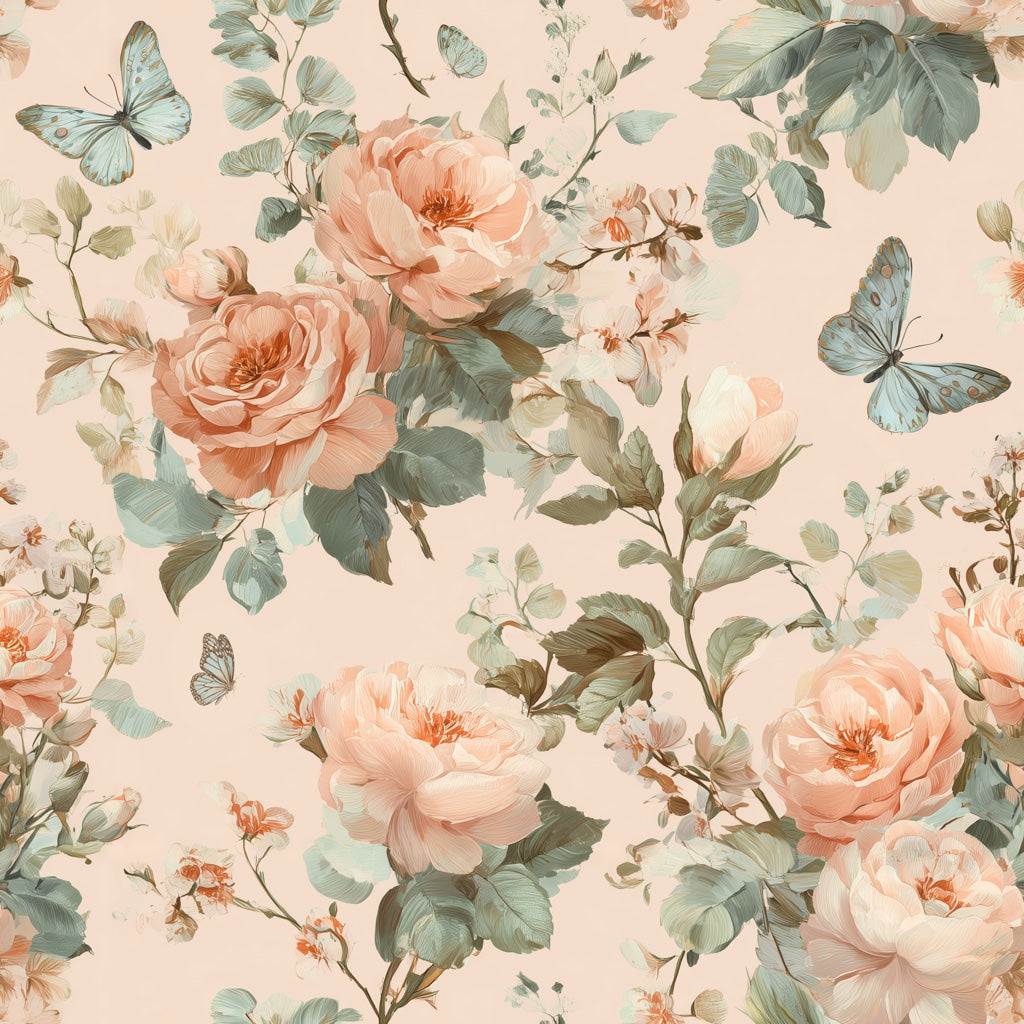 Cream and Peach Rose Blossom Wallpaper pattern artwork