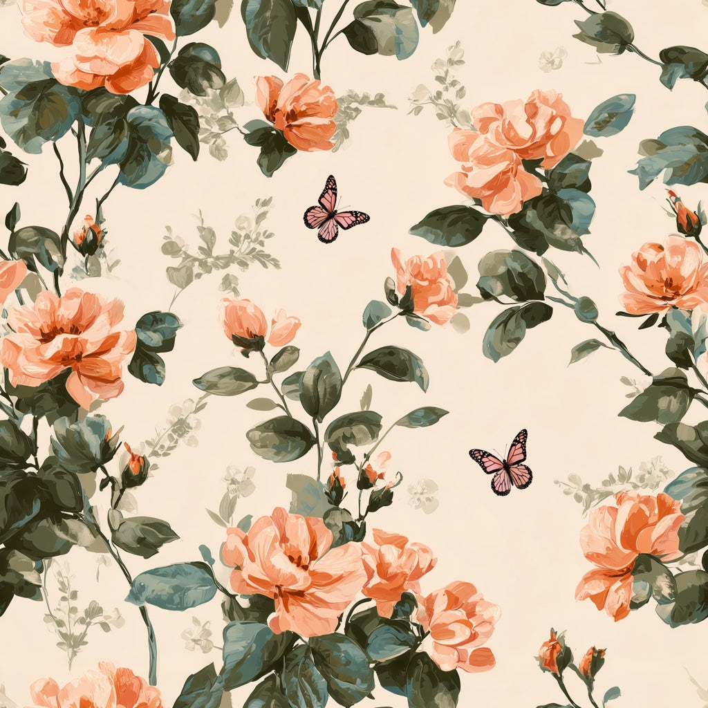 Cream and Soft Orange Rose Floral Wallpaper pattern artwork