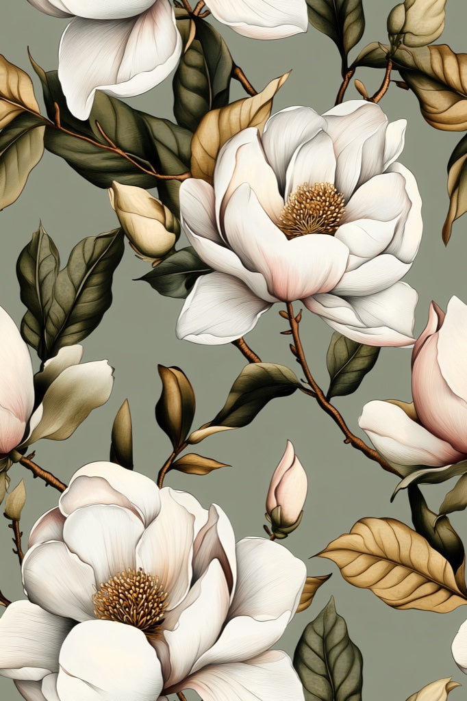 Neutral Green and White Magnolia Floral Wallpaper pattern artwork