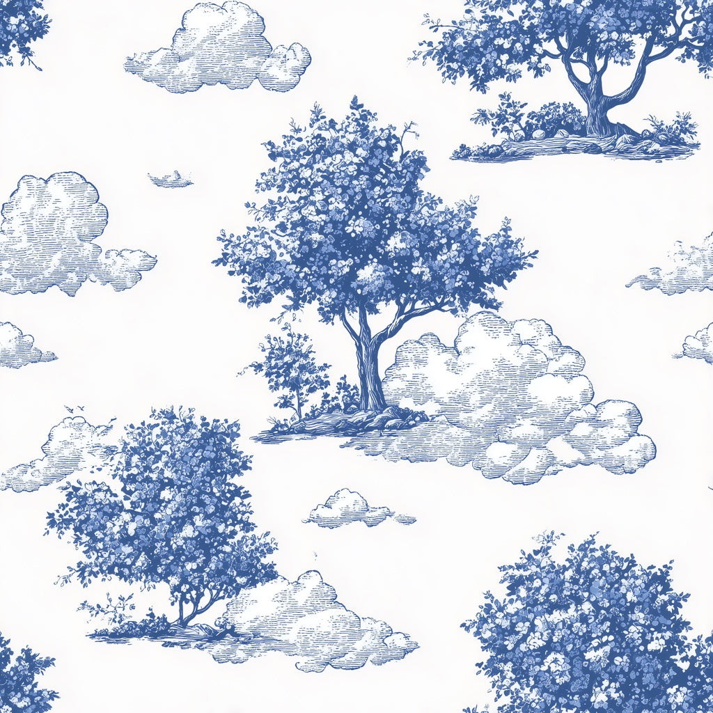 Blue and Cream Vintage Tree Landscape Wallpaper pattern artwork