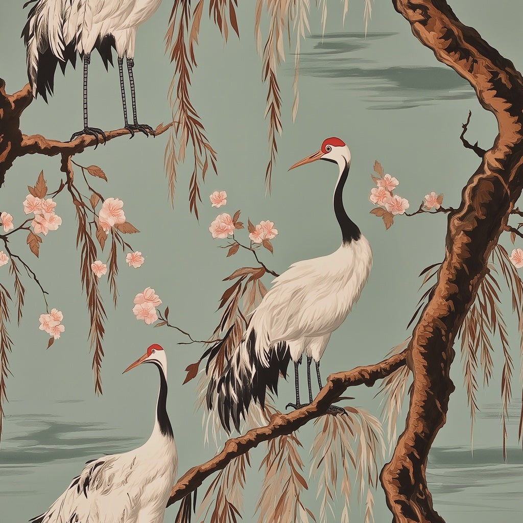 Sage Green Chinoiserie Crane and Cherry Blossom Wallpaper pattern artwork