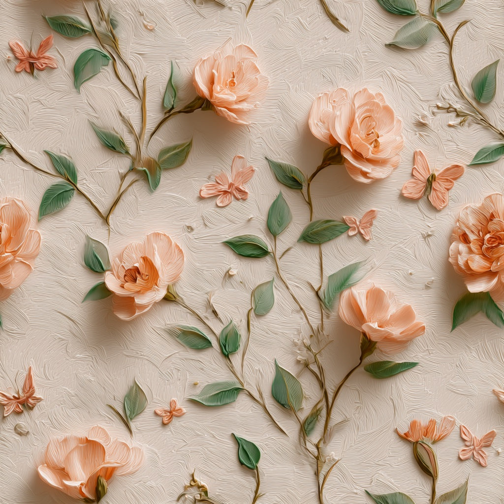 Peach Rose and Butterfly Floral Wallpaper pattern artwork