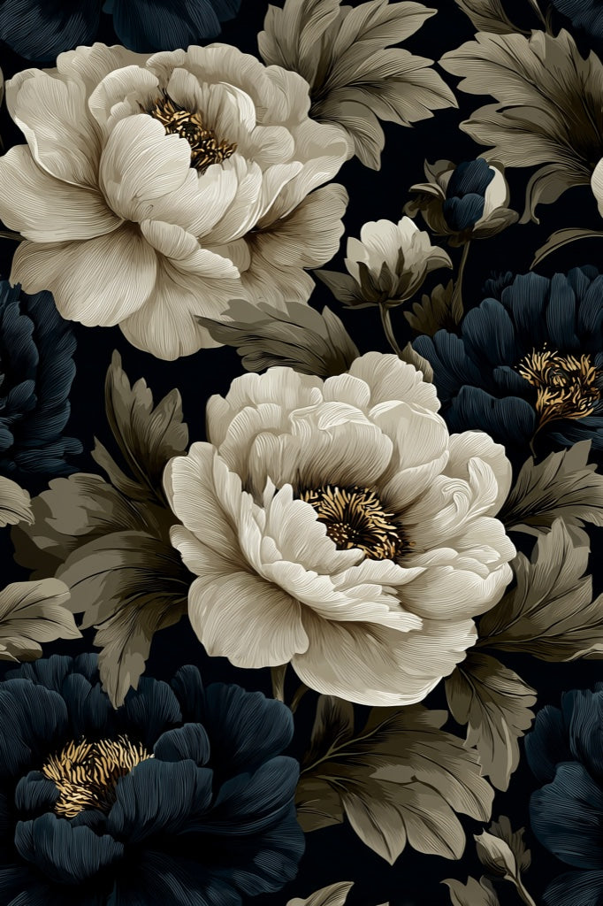 Dark Charcoal Large Peony Floral Wallpaper pattern artwork