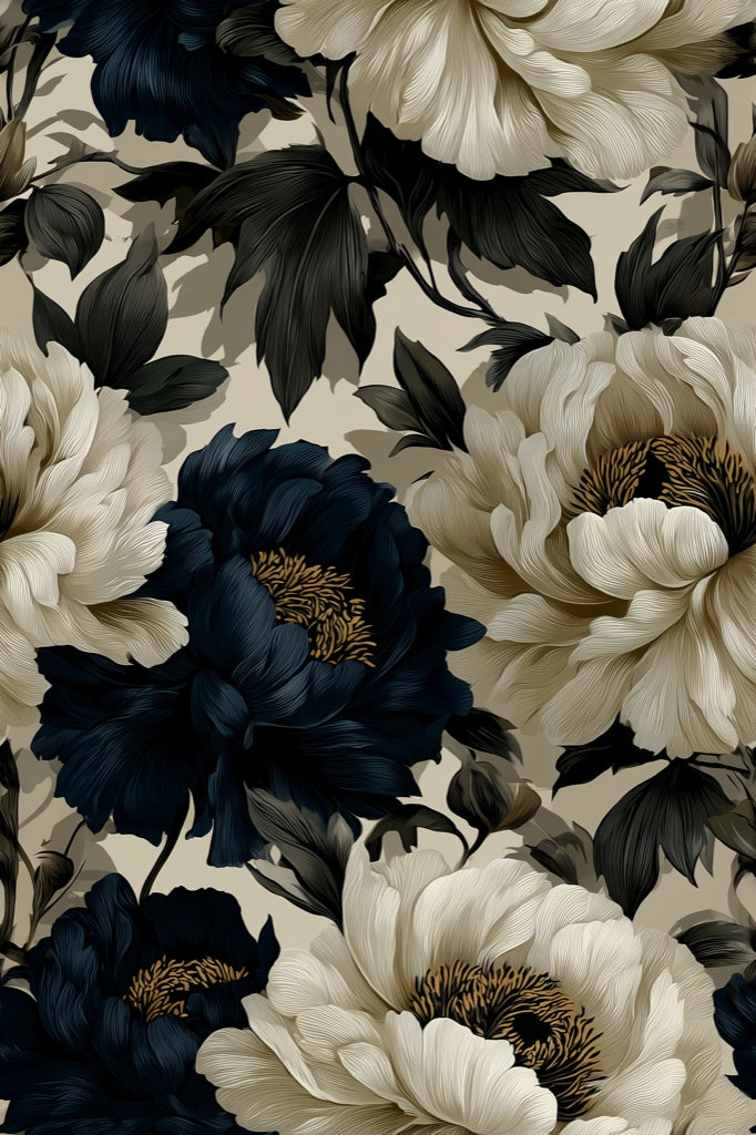 Elegant Cream and Black Peony Floral Wallpaper pattern artwork