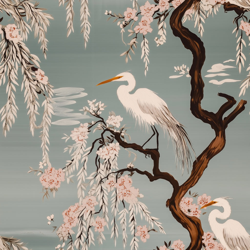 Muted Teal Chinoiserie Bird and Blossom Wallpaper pattern artwork