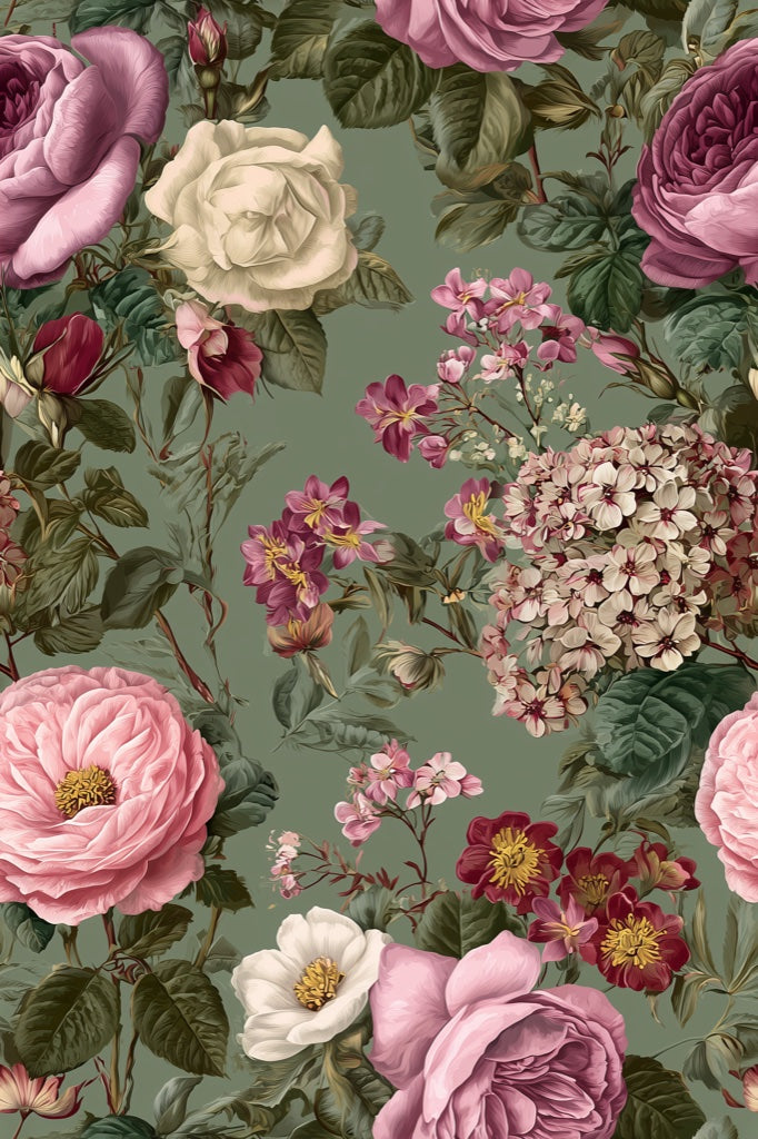 Vintage Green Multicolor Rose Floral Wallpaper pattern artwork