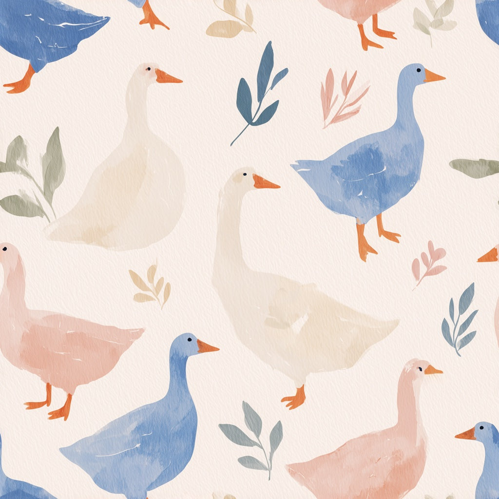Cream Playful Ducks and Leaves Wallpaper pattern artwork
