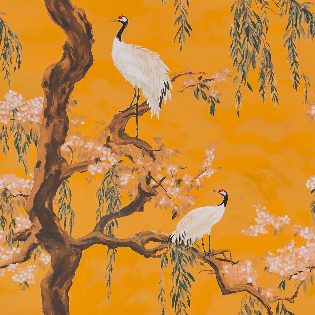 Vibrant Orange Crane and Cherry Blossom Wallpaper pattern artwork
