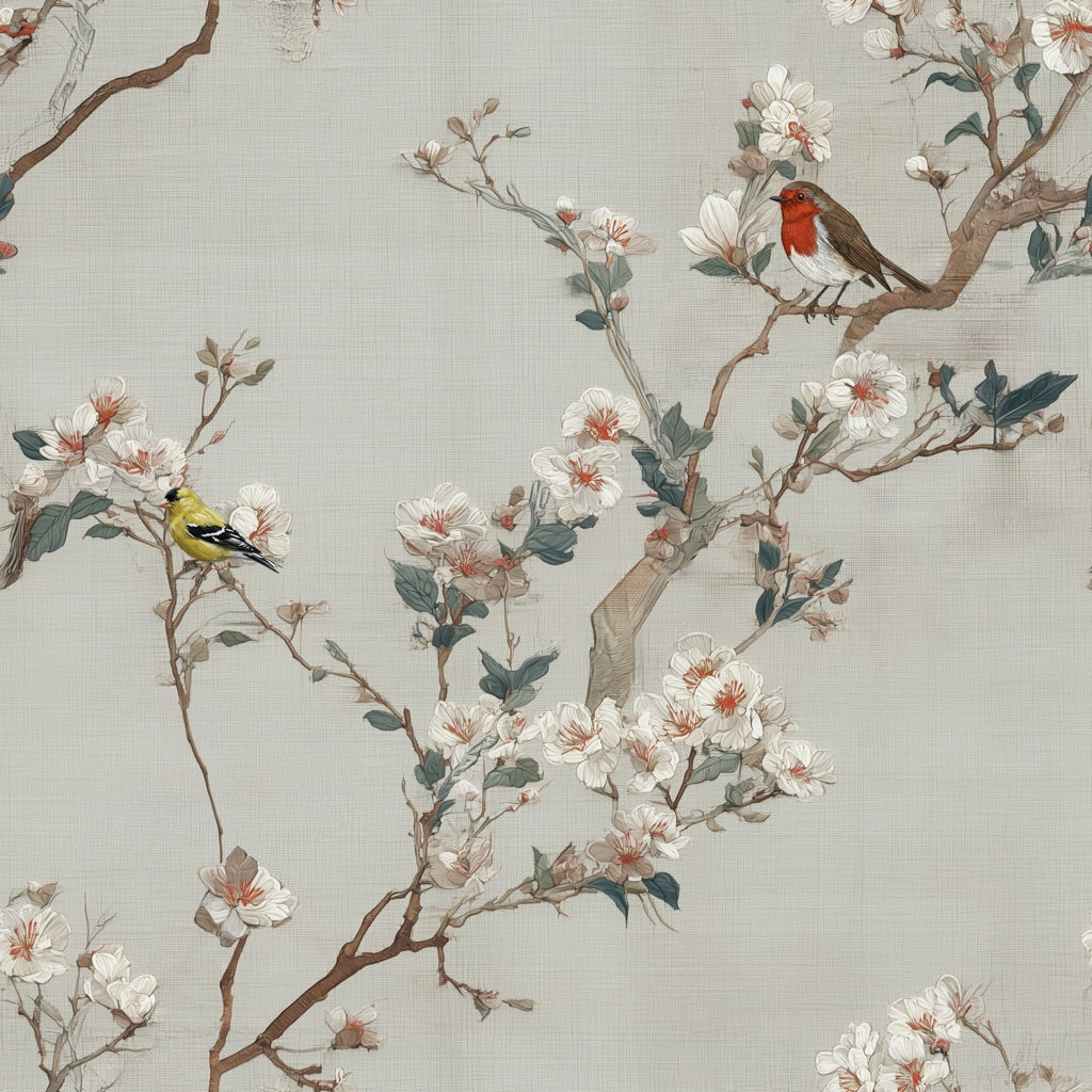 Cream Cherry Blossom with Birds Wallpaper pattern artwork