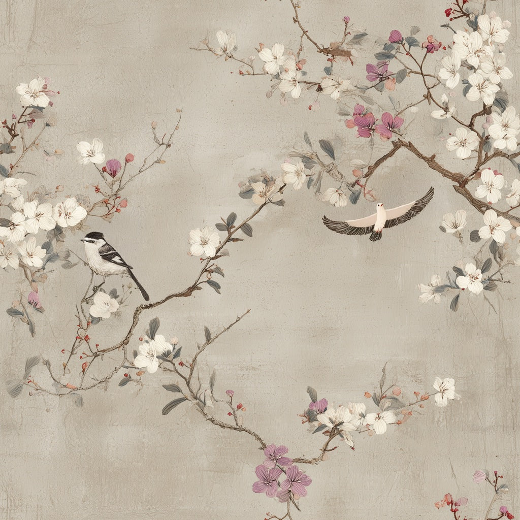 Neutral Beige Cherry Blossom and Birds Wallpaper pattern artwork