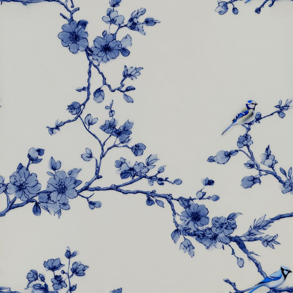 Cobalt Blue Cherry Blossom Bird Wallpaper pattern artwork