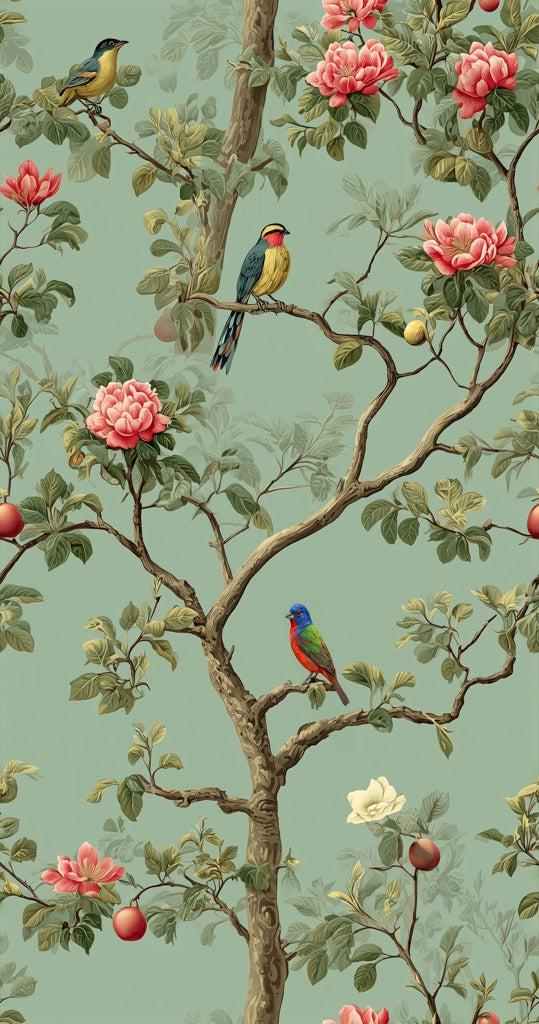 Sage Green Chinoiserie Birds and Roses Wallpaper pattern artwork