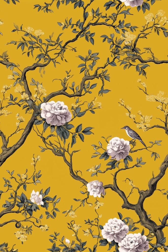 Golden Look Yellow Chinoiserie Floral and Bird Wallpaper pattern artwork