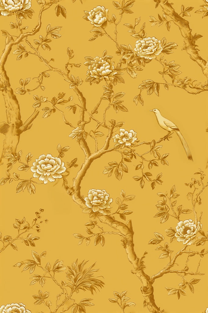Golden Look Yellow Chinoiserie Rose and Bird Wallpaper pattern artwork
