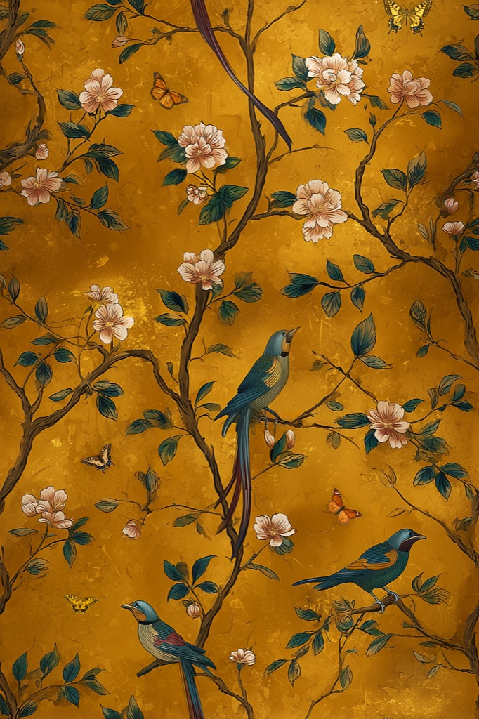 Golden Look Yellow Chinoiserie Bird and Blossom Wallpaper pattern artwork