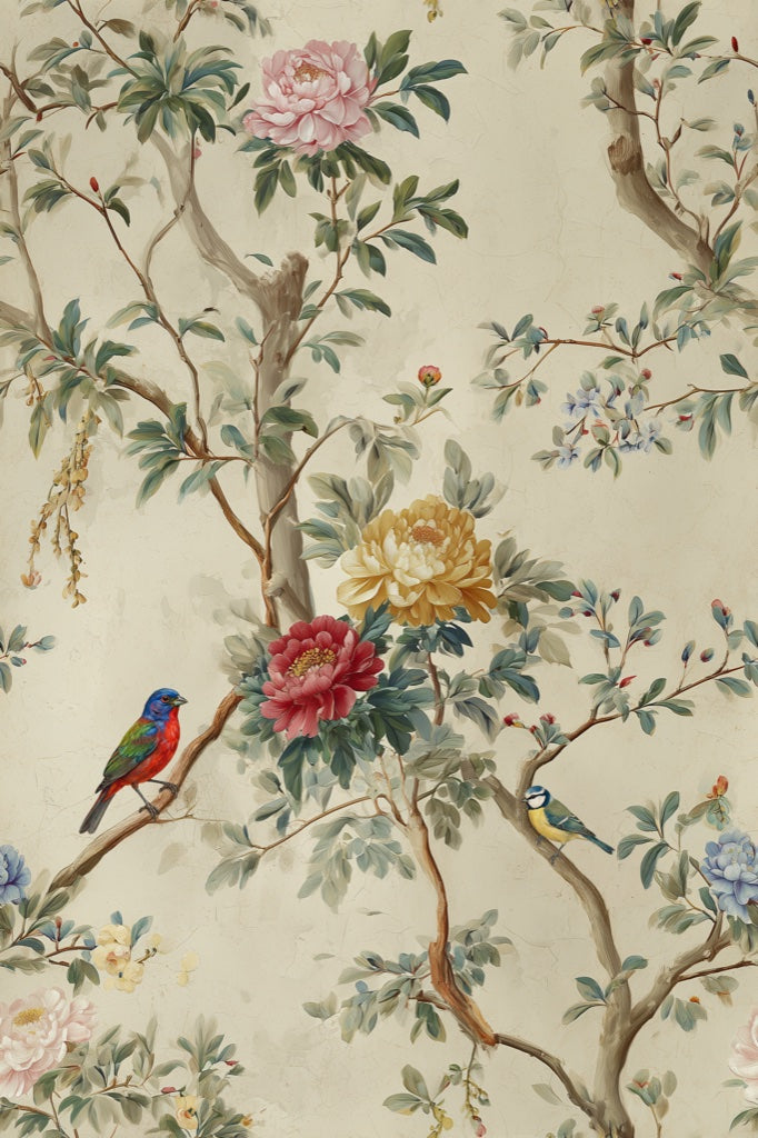 Cream Vintage Rose Garden and Bird Wallpaper pattern artwork