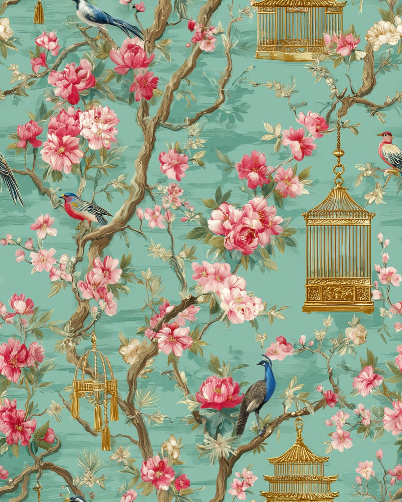 Teal Chinoiserie Bird and Cherry Blossom Wallpaper pattern artwork