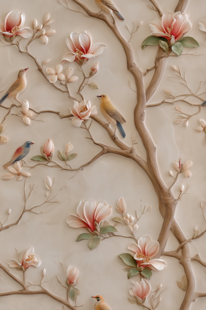 Cream Magnolia and Bird Branch Wallpaper pattern artwork