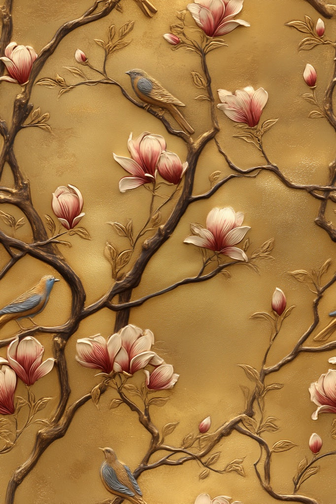 Golden Look Magnolia and Birds Chinoiserie Wallpaper pattern artwork