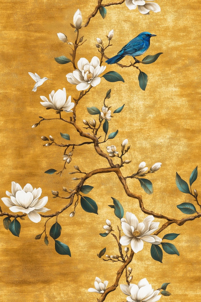 Golden Look Magnolia Blue Bird Chinoiserie Wallpaper pattern artwork