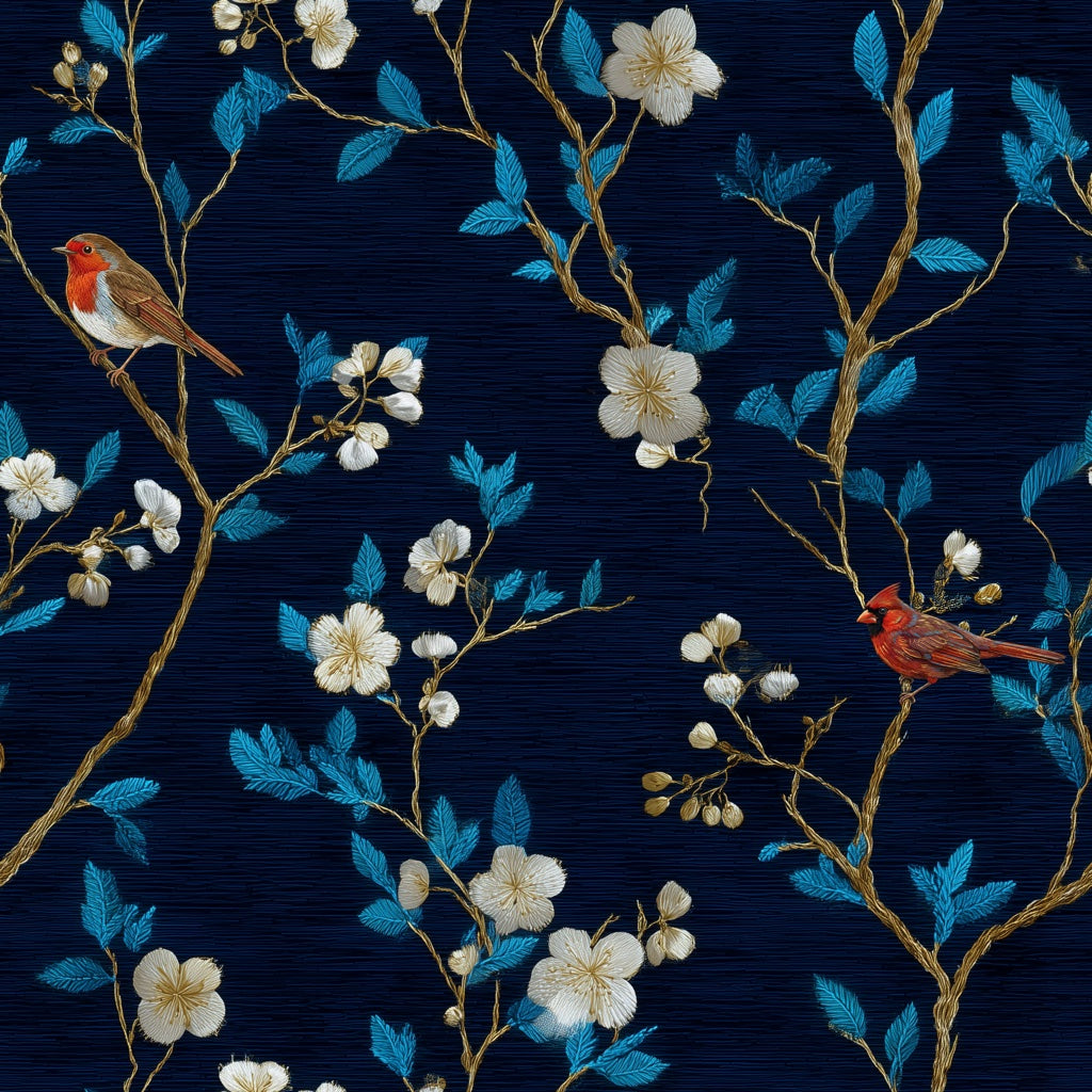 Navy Blue Cherry Blossom and Bird Pattern Wallpaper pattern artwork