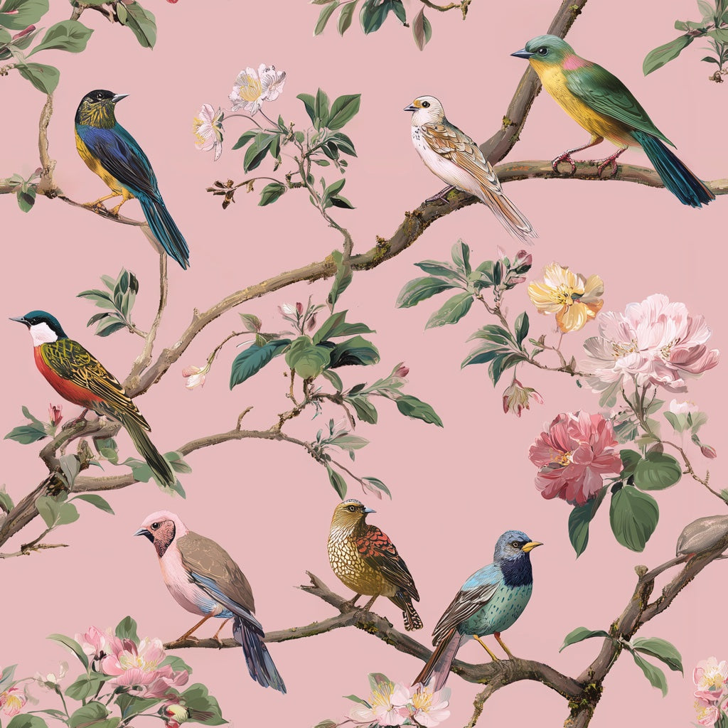 Soft Pink Bird and Cherry Blossom Wallpaper pattern artwork