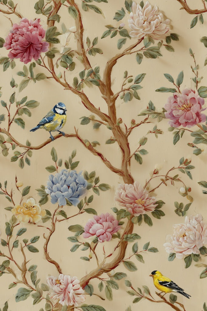 Vintage Cream Peony and Bird Floral Wallpaper pattern artwork