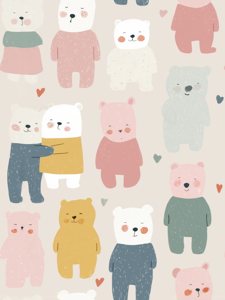 Cream Multicolor Playful Bear Kids Wallpaper pattern artwork