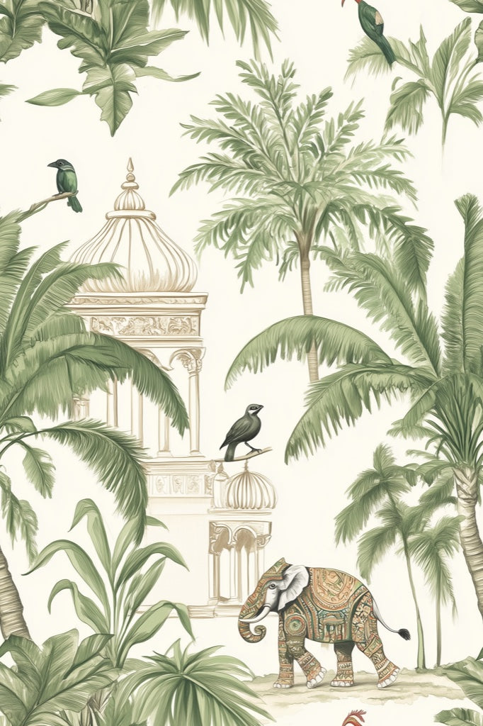 Cream Jungle Elephant and Bird Wallpaper pattern artwork