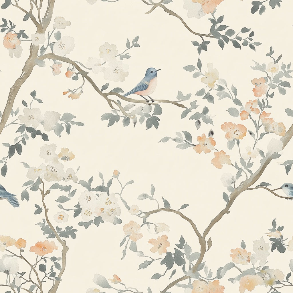 Cream Cherry Blossom and Bluebird Wallpaper pattern artwork