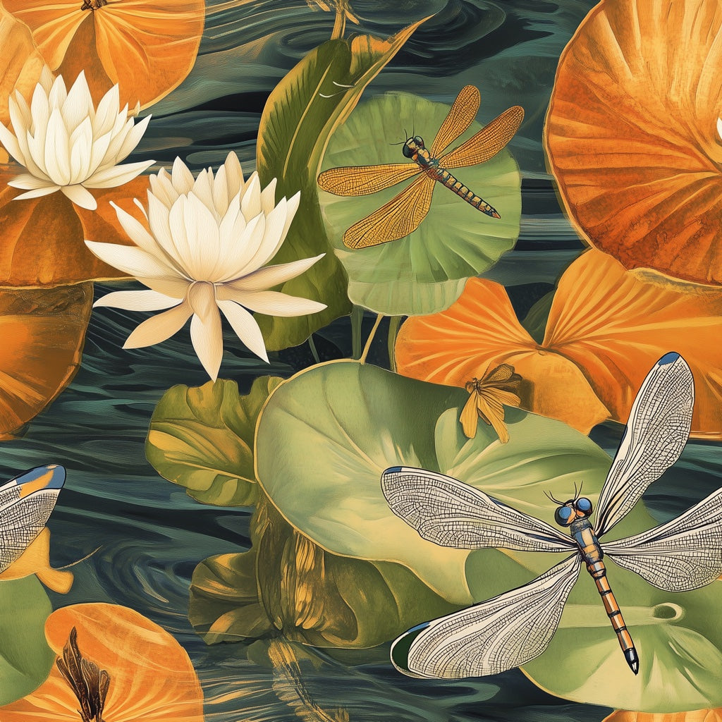 Dark Green and Orange Water Lily Dragonfly Wallpaper pattern artwork