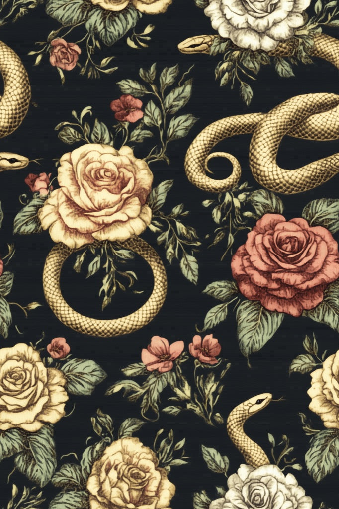 Moody Black and Gold Look Rose Snake Wallpaper pattern artwork