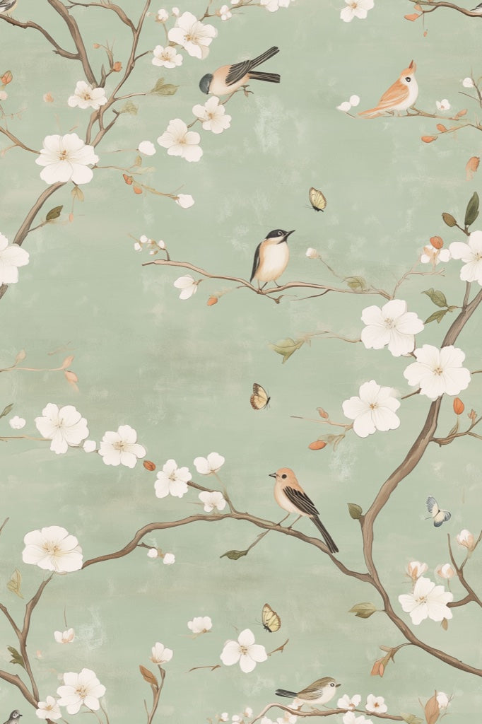 Soft Sage Green Cherry Blossom Bird Wallpaper pattern artwork