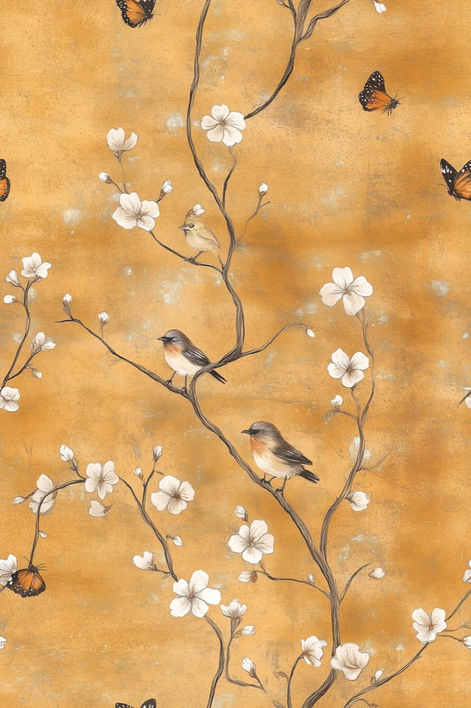 Golden Look Cherry Blossom and Bird Wallpaper pattern artwork