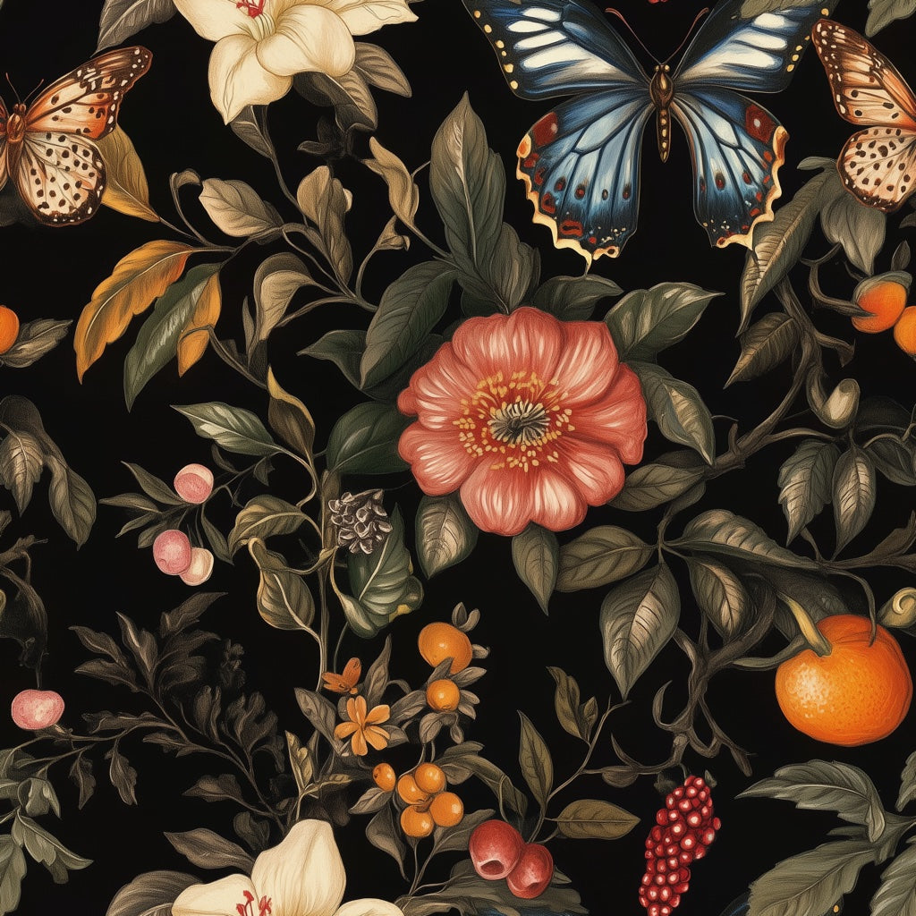 Elegant Black Floral and Butterfly Wallpaper pattern artwork