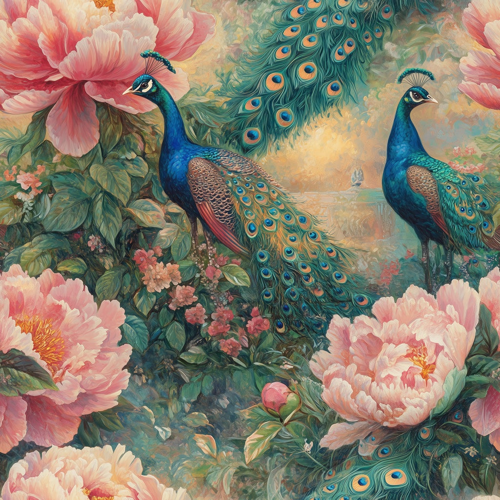 Peach Pink Peony and Peacock Floral Wallpaper pattern artwork