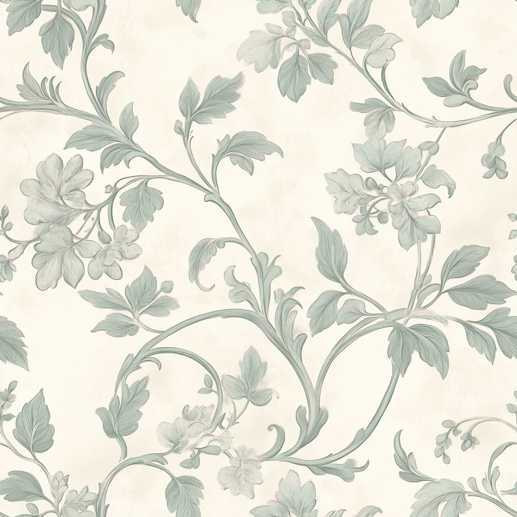 Cream and Sage Green Vintage Floral Wallpaper pattern artwork