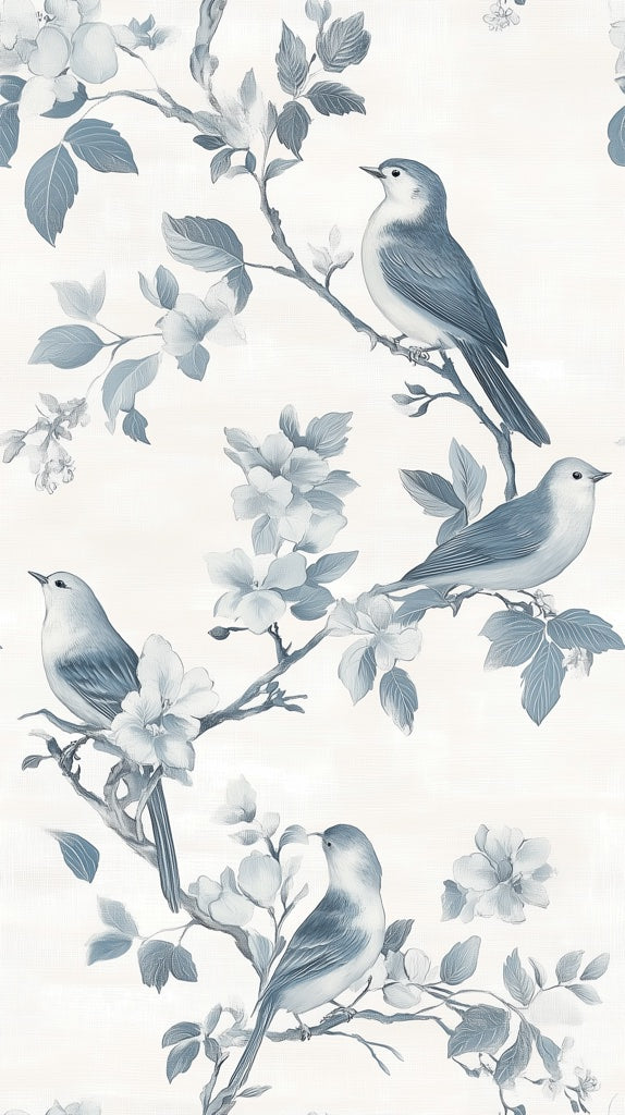 Cream and Blue Bird Floral Pattern Wallpaper pattern artwork
